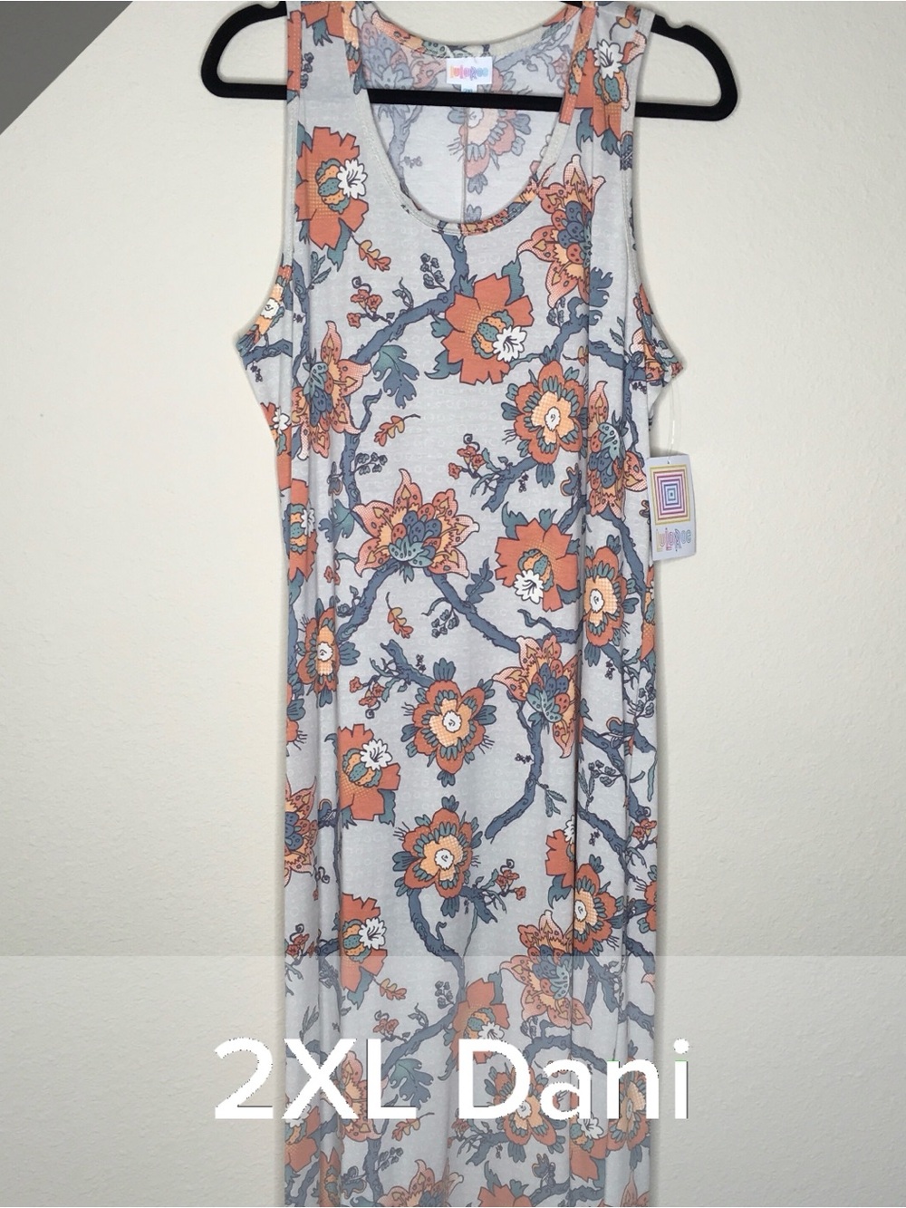 LuLaRoe Dani Floral Tank Maxi Dress in Light Gray, Orange & Blue 2XL